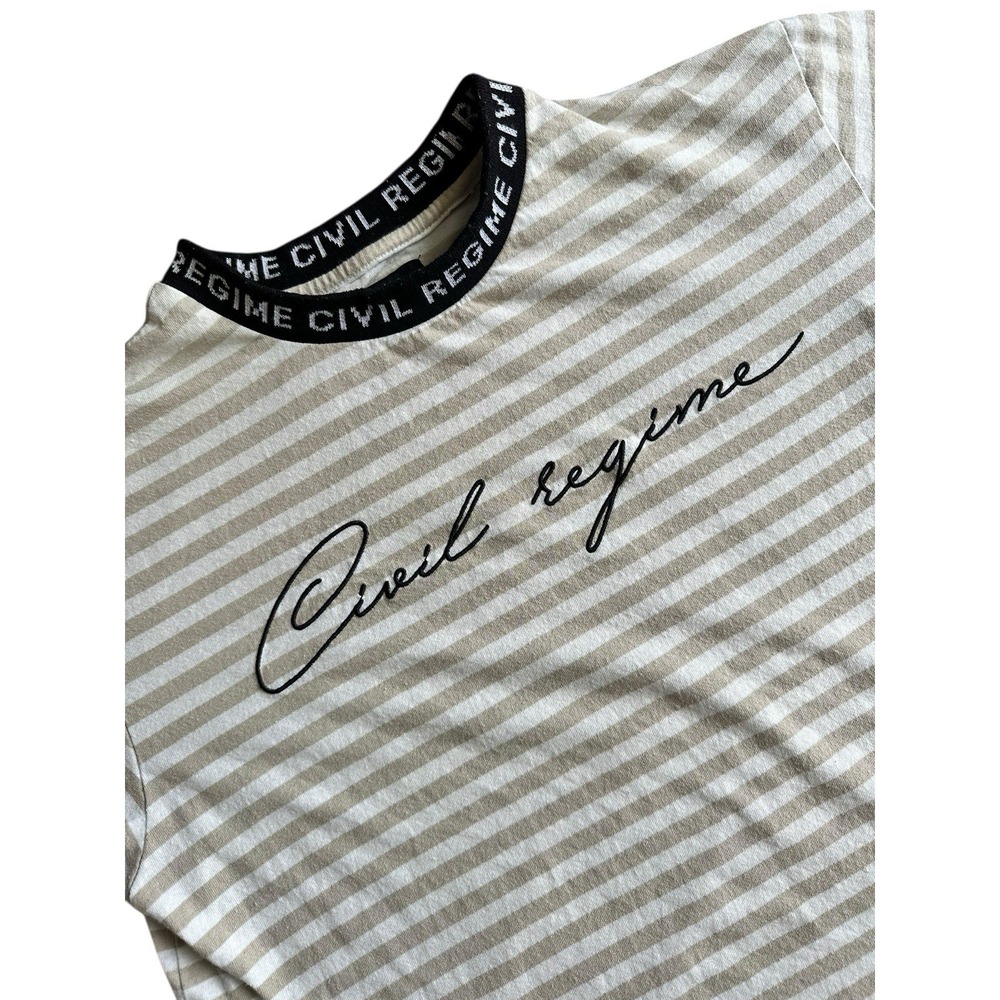 Civil Regime Era Striped T-Shirt Men's Med Logo Script White & Beige Stripes‎